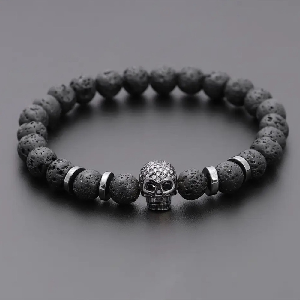 Black Eye Skull Hematite Bead Bracelet Men Classic Handmade 8mm Lava Stone